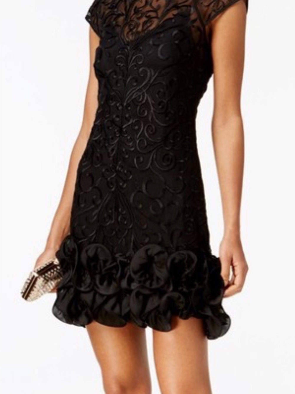 Guess Black Embroidered Ruffle-Hem Mini Dress